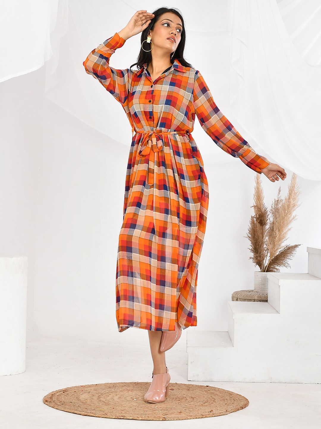 

BAESD Checked Cotton Shirt Style Midi Dress, Orange