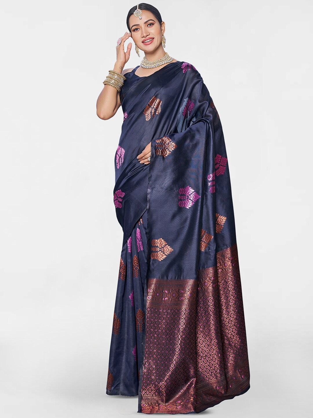 

SIRIL Ethnic Motifs Woven Design Zari Detailed Saree, Navy blue