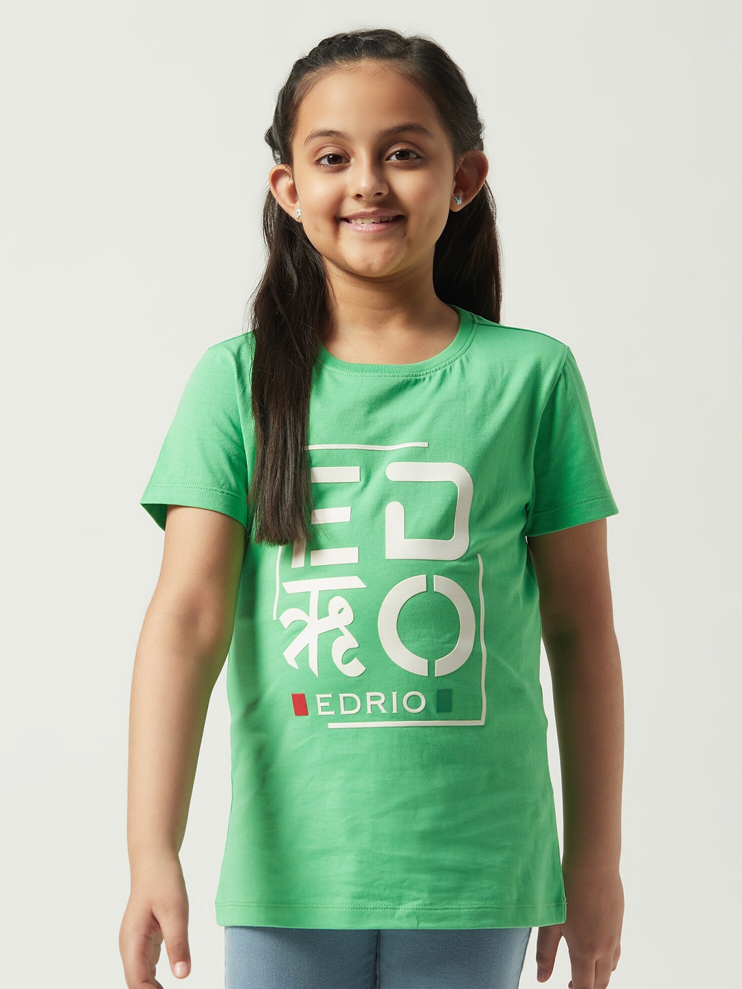 

EDRIO Girls Typography Printed Cotton T-Shirt, Green