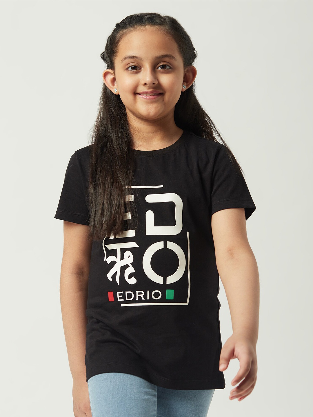 

EDRIO Girls Typography Printed Cotton T-Shirt, Black