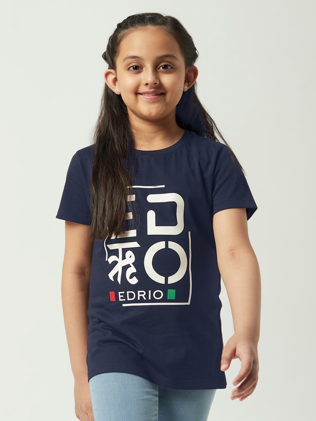 

EDRIO Girls Typography Printed Cotton T-Shirt, Navy blue