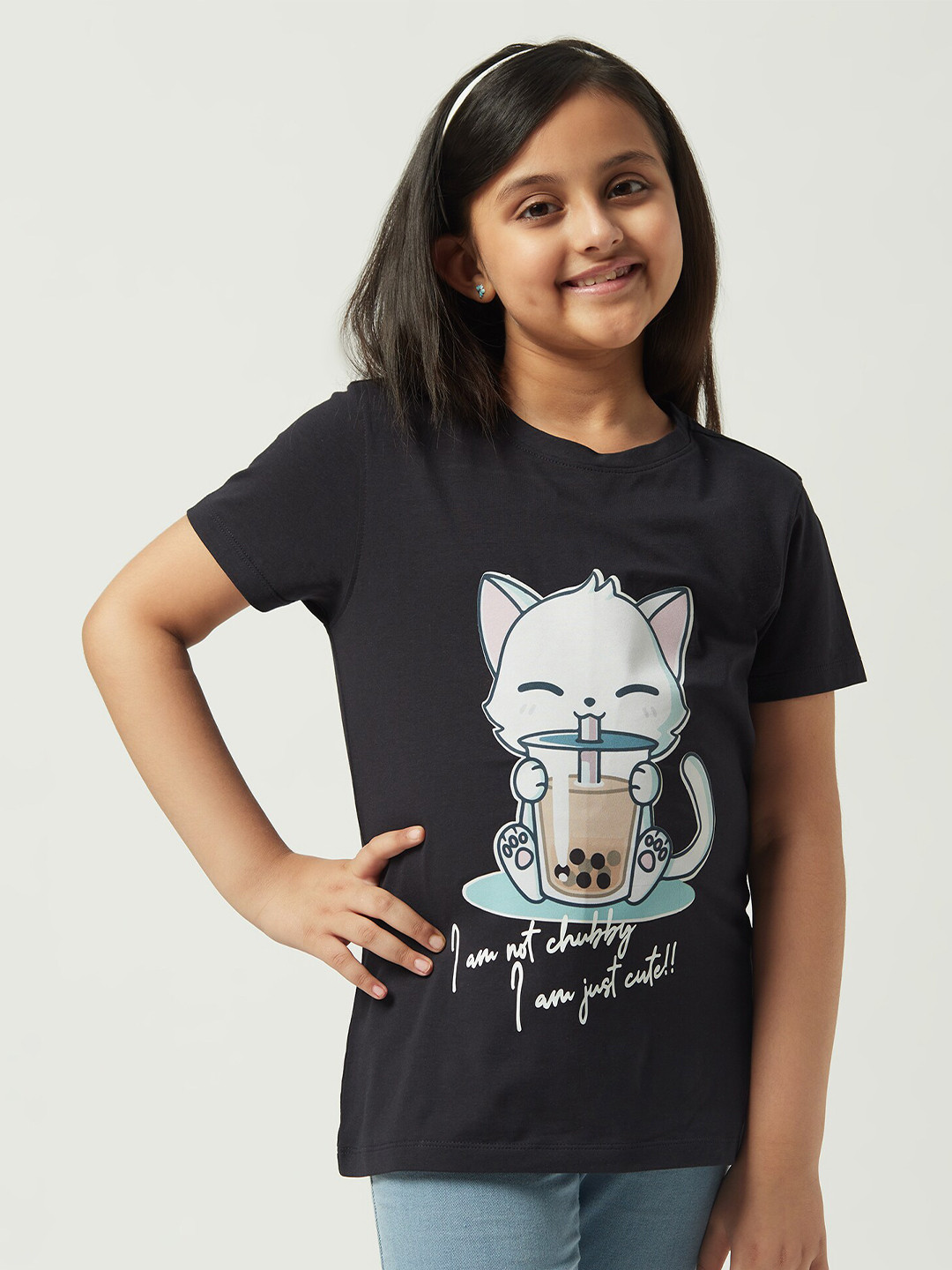 

EDRIO Girls Graphic Printed Cotton T-Shirt, Black