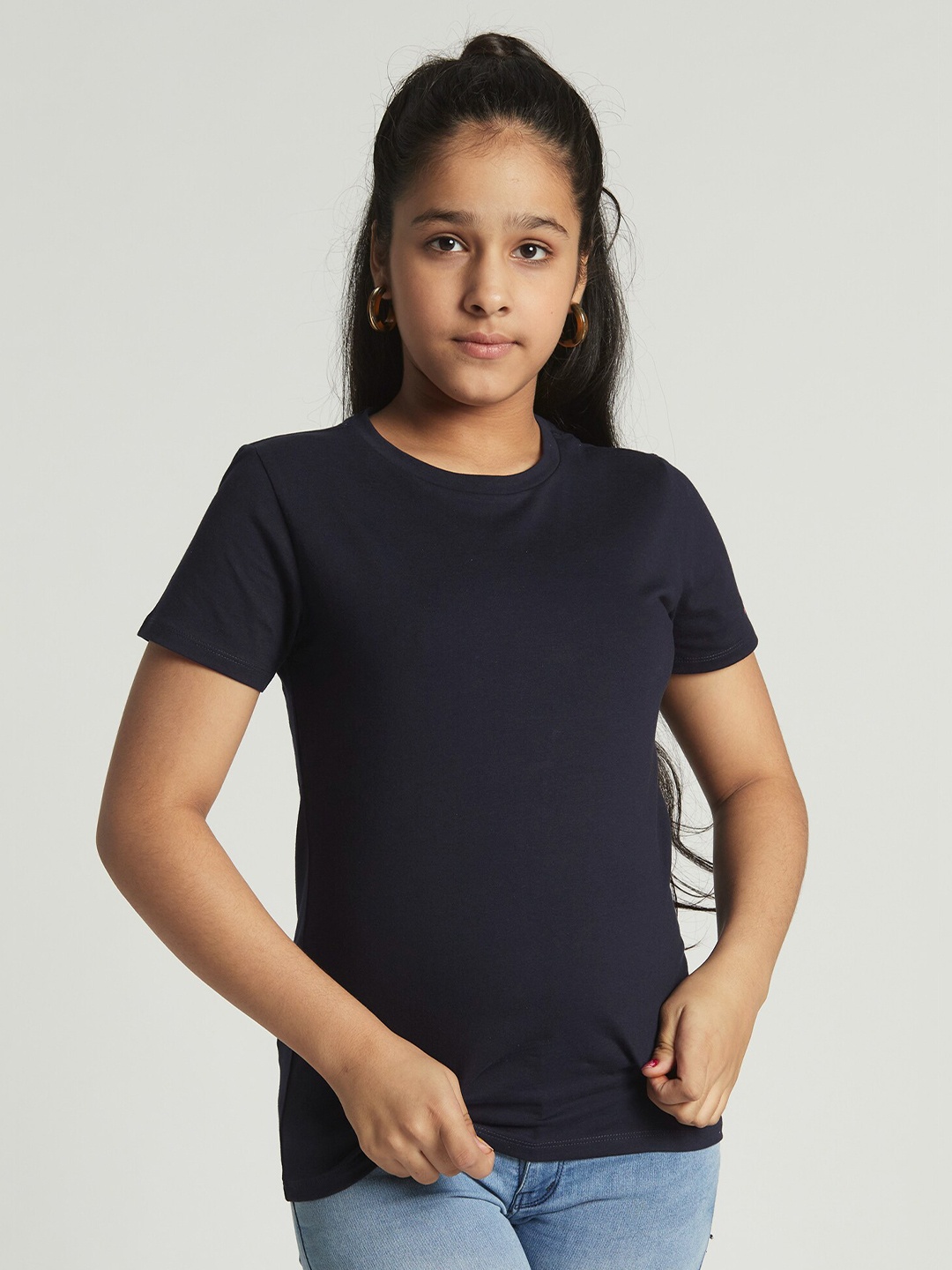 

EDRIO Girls Round Neck Cotton T-shirt, Navy blue