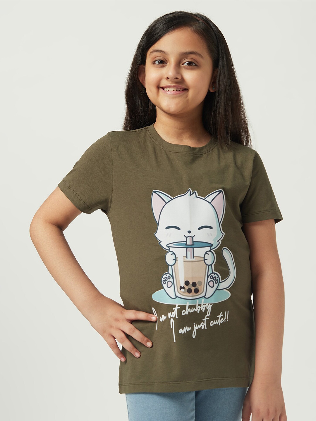 

EDRIO Girls Graphic Printed Cotton T-Shirt, Olive