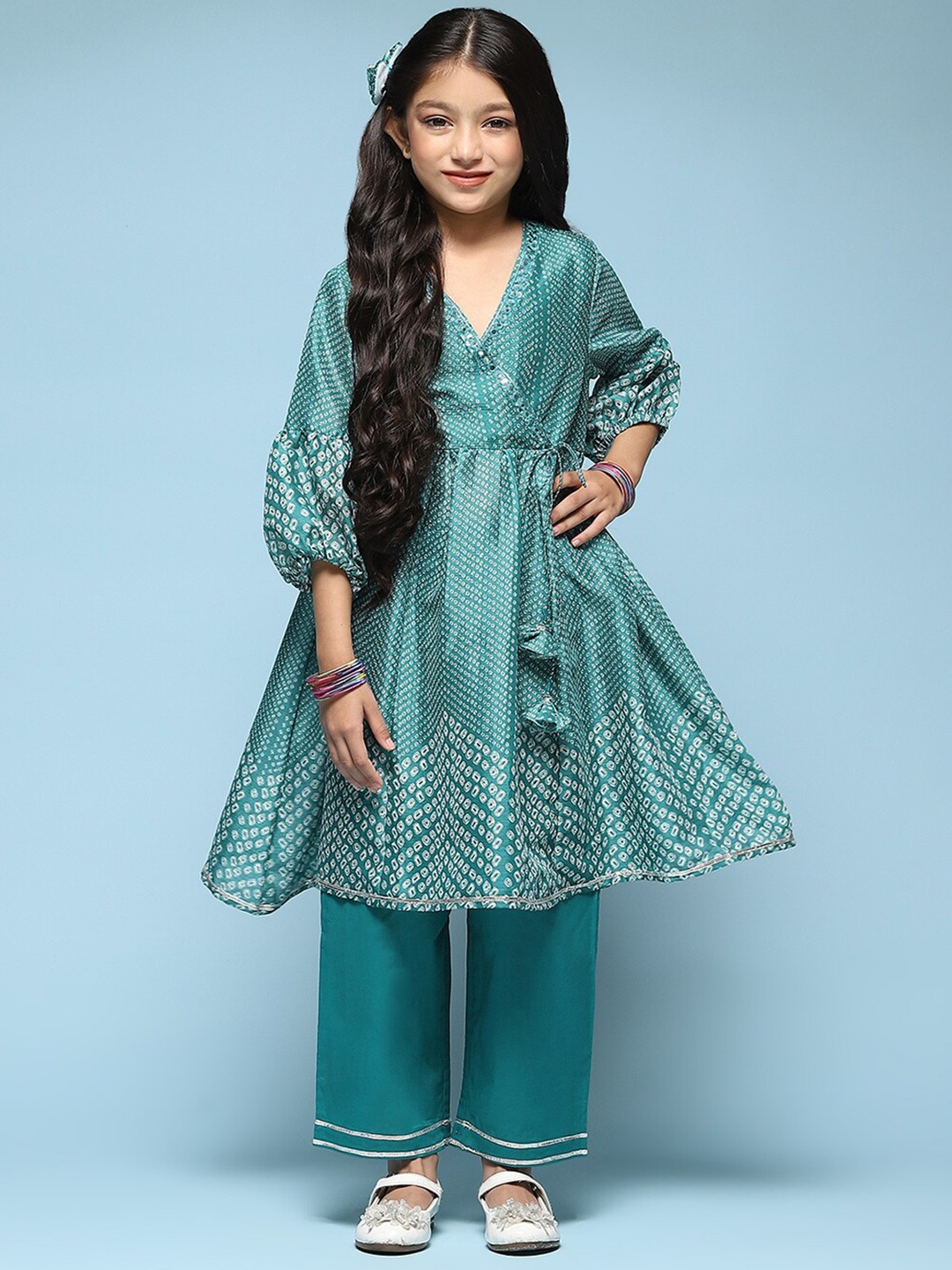 

Biba Girls Bandhani Printed Mirror Work Angrakha Anarkali Kurta With Palazzos, Green