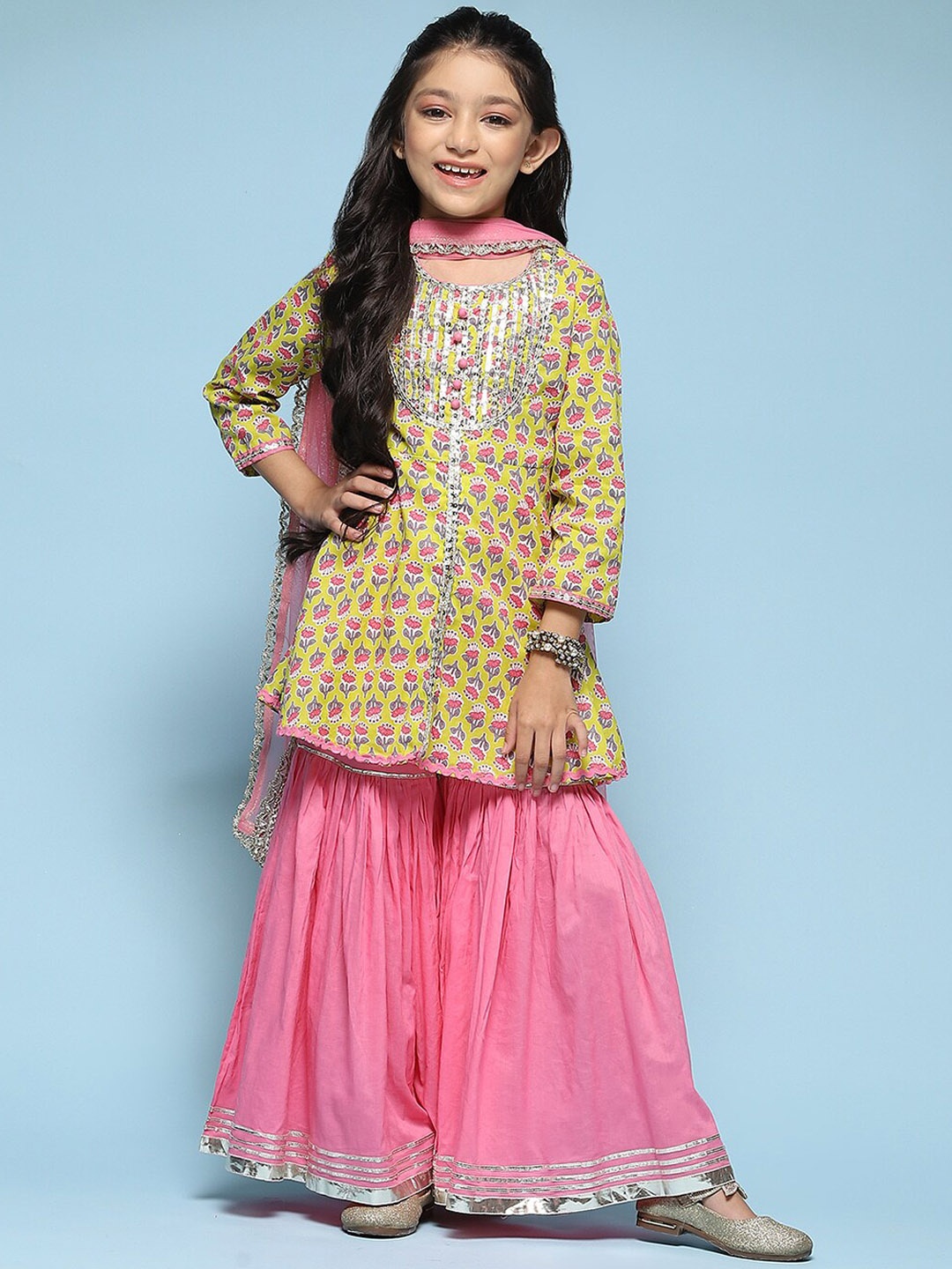 

Biba Girls Floral Printed Gotta Patti Kurti With Sharara & Dupatta, Lime green