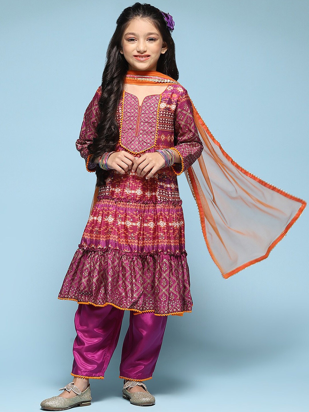 

Biba Girls Ethnic Motifs Printed Sequinned Tiered Kurta With Salwar & Dupatta, Purple