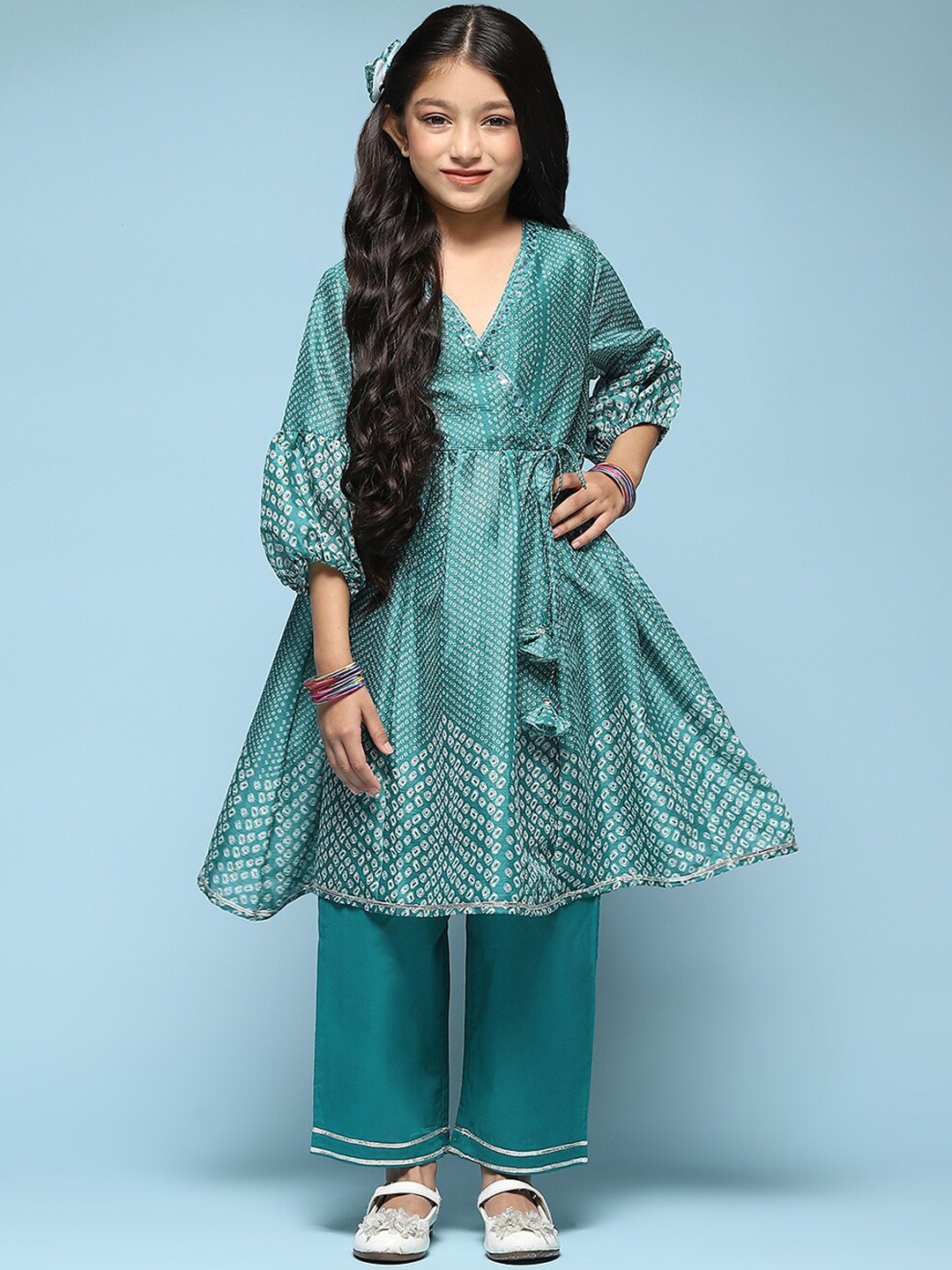 

Biba Girls Bandhani Printed Mirror Work Angrakha Anarkali Kurta With Palazzos, Green