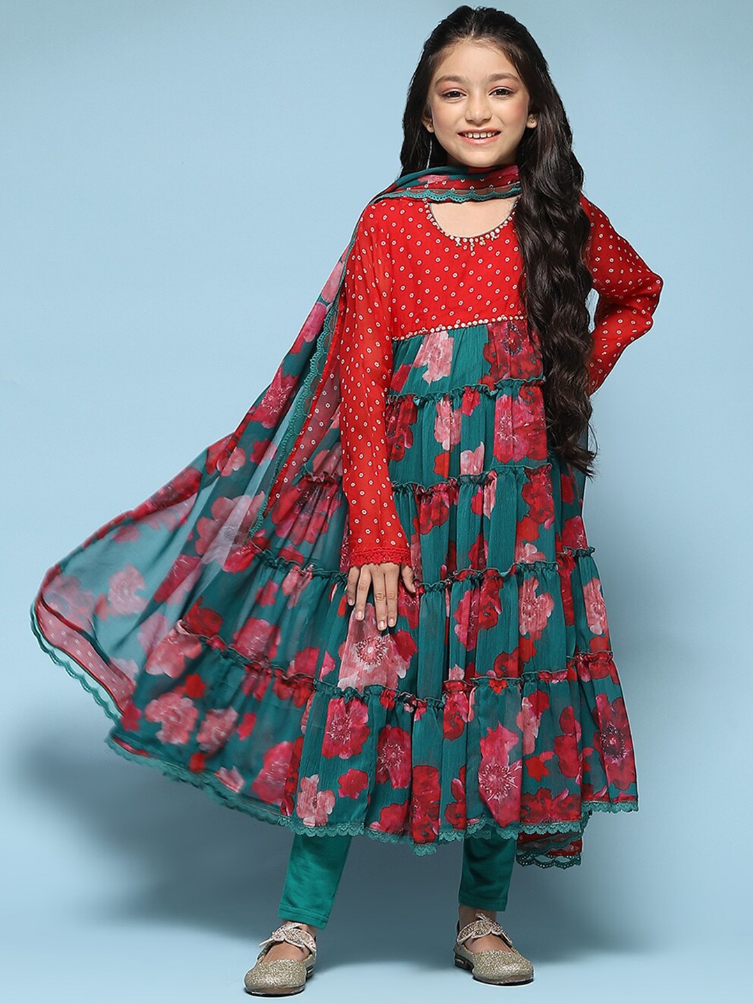 

Biba Girls Floral Printed Beads & Stones Tiered Anarkali Kurta With Leggings & Dupatta, Green