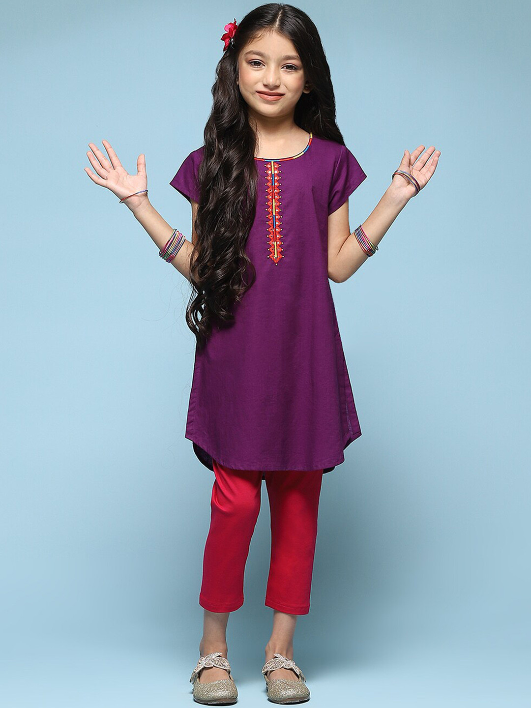 

Biba Girls Geometric Embroidered Mirror Work Chanderi Cotton Kurta With Trousers, Purple