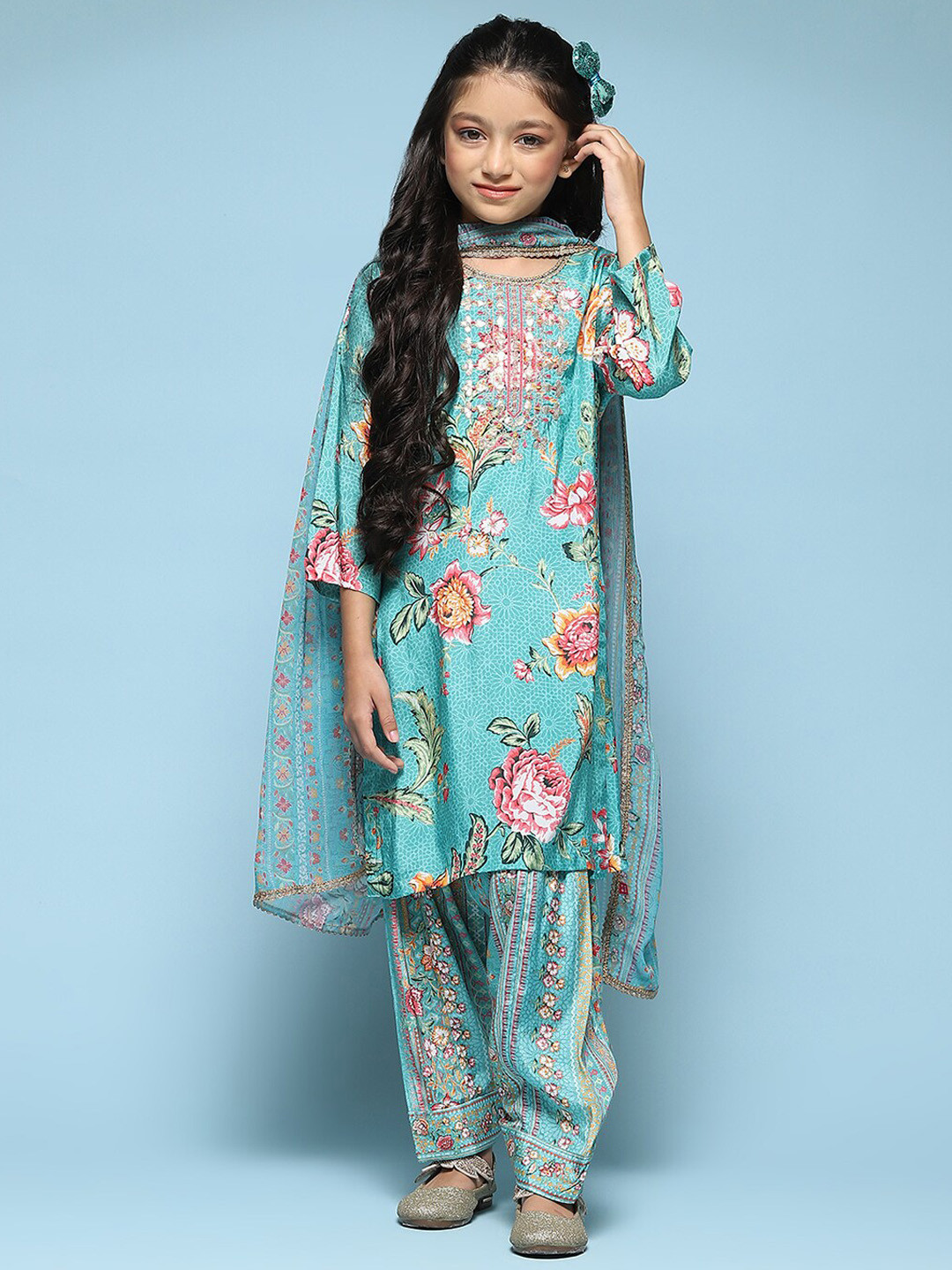 

Biba Girls Floral Printed Regular Kurta With Salwar & Dupatta, Turquoise blue