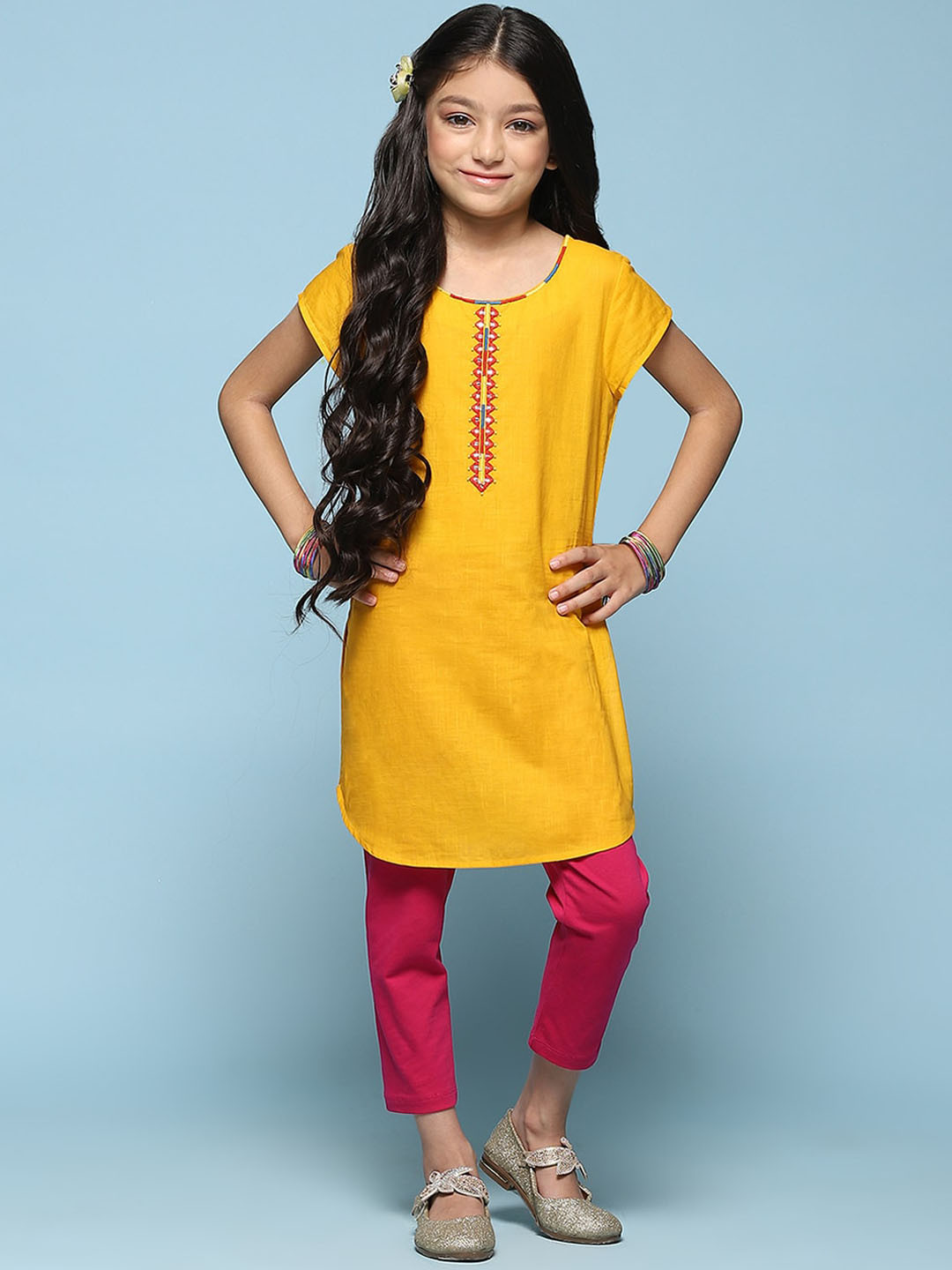 

Biba Girls Geometric Embroidered Mirror Work Chanderi Cotton Kurta With Trousers, Yellow