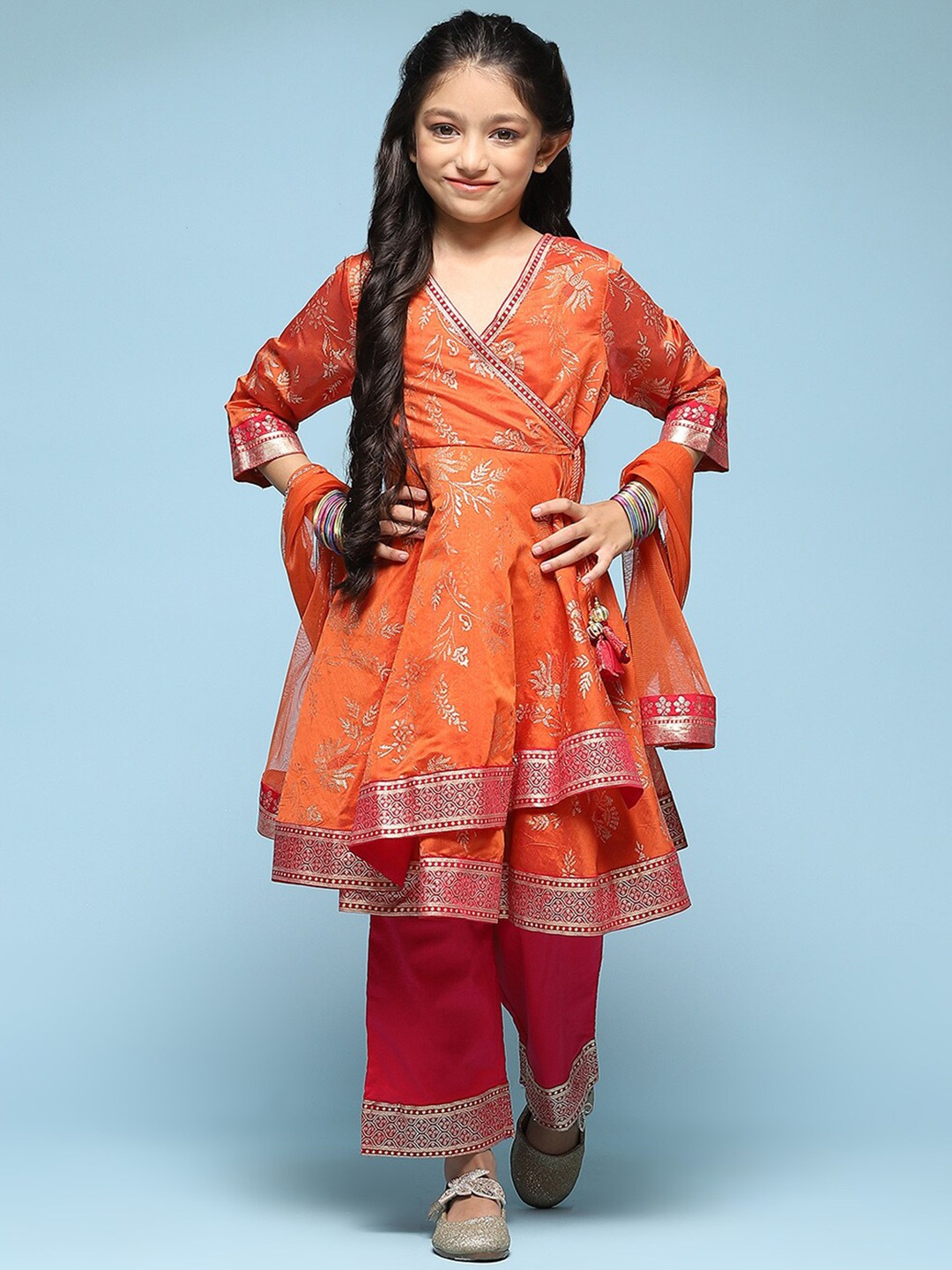 

Biba Girls Floral Printed V-Neck Angrakha Chanderi Cotton Kurta With Palazzos & Dupatta, Orange