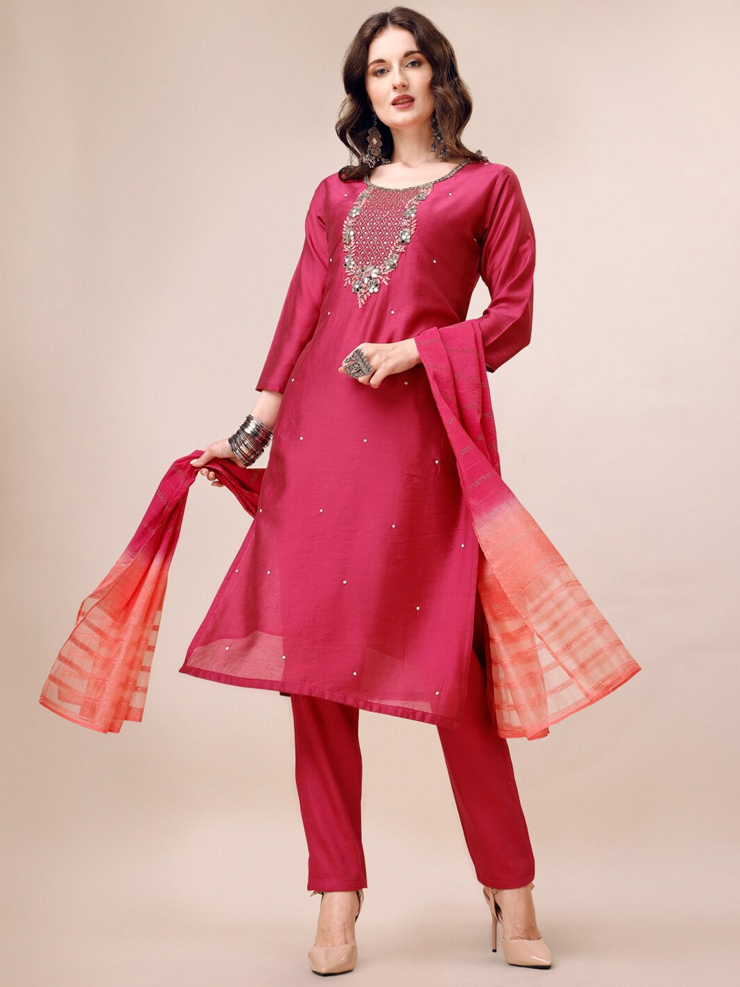 

Berrylicious Embroidered Beads and Stones Chanderi Cotton Kurta & Trousers With Dupatta, Pink