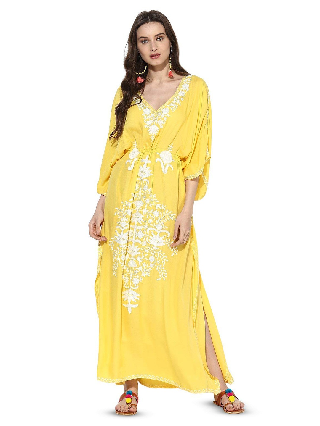 

CRAFTBAZAR Floral Embroidered Kimono Sleeves A-Line Maxi Dress, Yellow