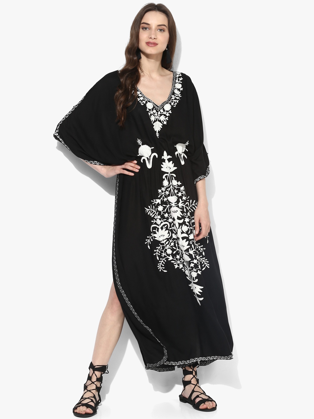 

CRAFTBAZAR Floral Embroidered Maxi Kaftan Dress, Black