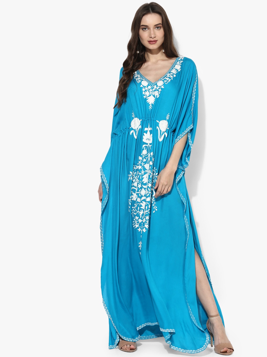 

CRAFTBAZAR Floral Embroidered Kimono Sleeves Kaftan Maxi Dress, Turquoise blue