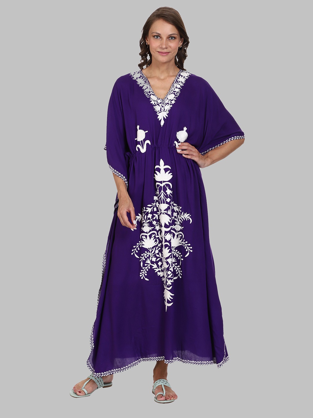 

CRAFTBAZAR Floral Embroidered Maxi Kaftan Dress, Purple