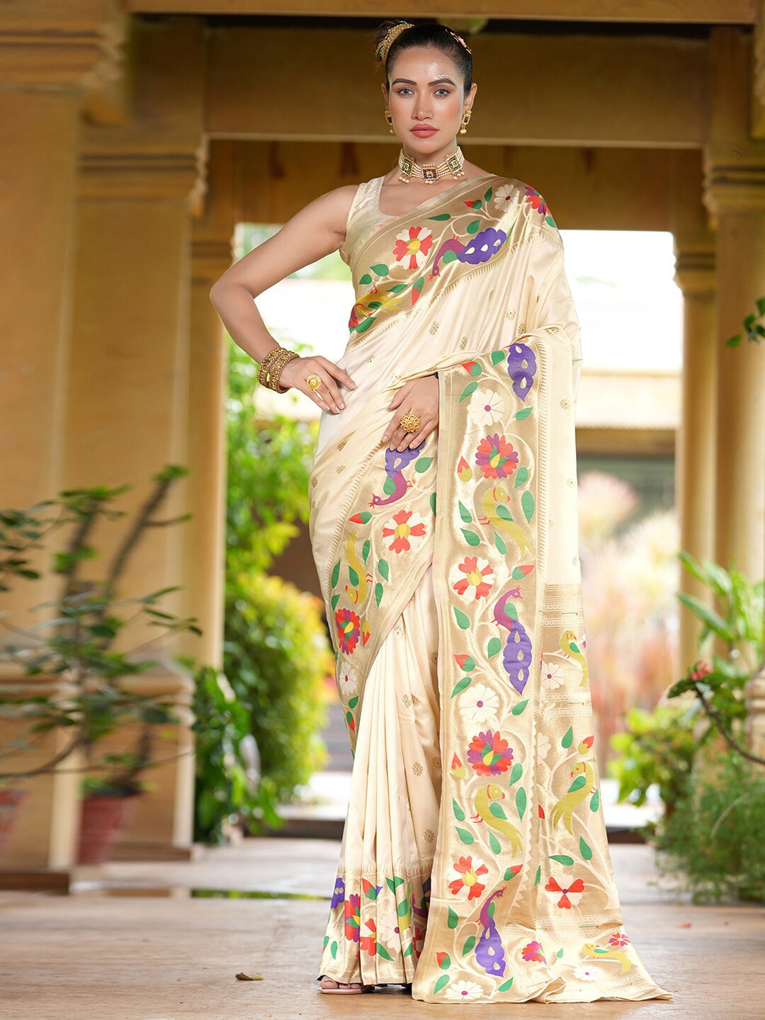 

Satrani Beige Ethnic Motifs Jacquard Woven Design Zari Detailed Paithani Saree