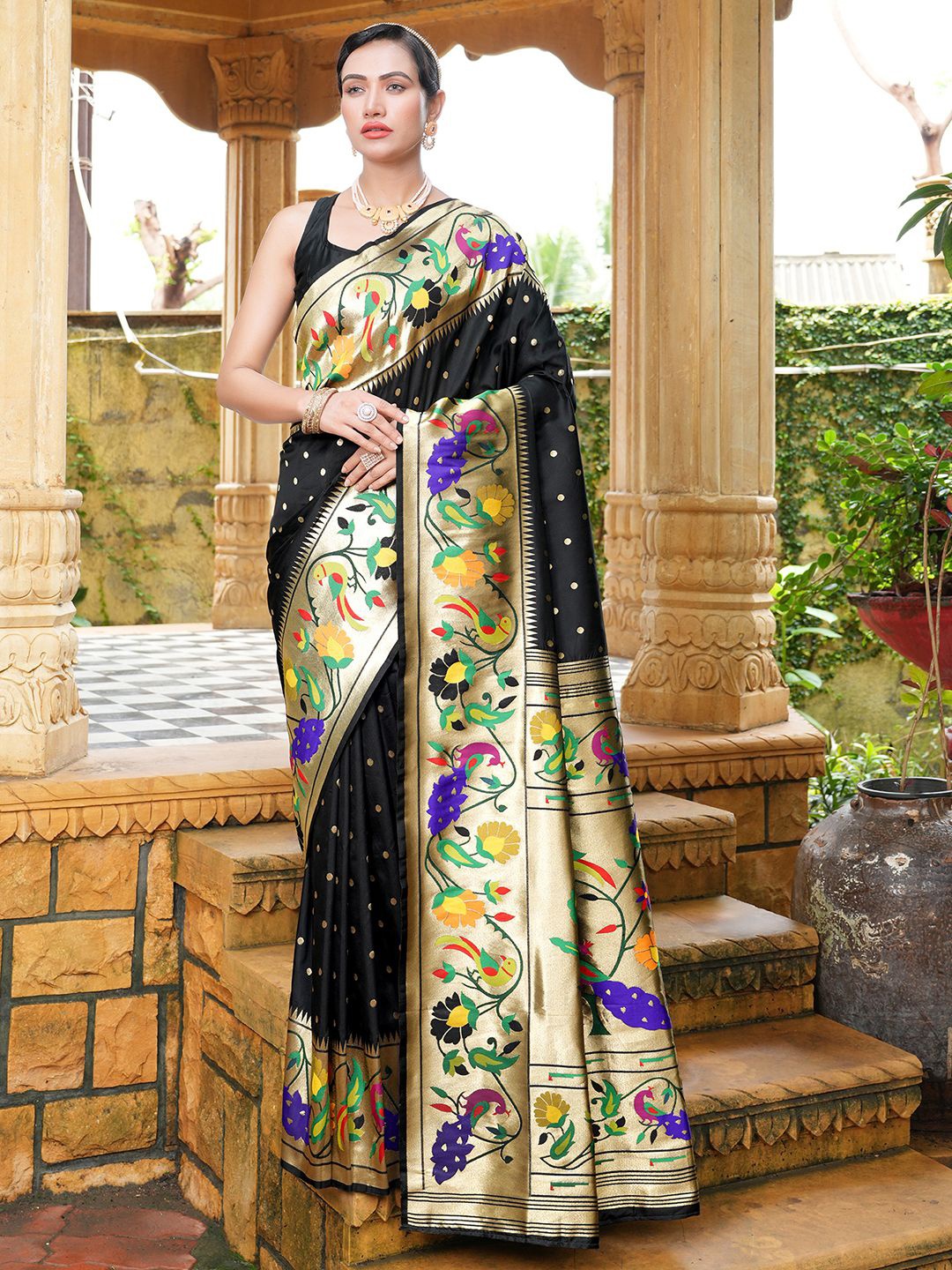 

Satrani Black Ethnic Motifs Woven Design Zari Detailed Paithani Saree