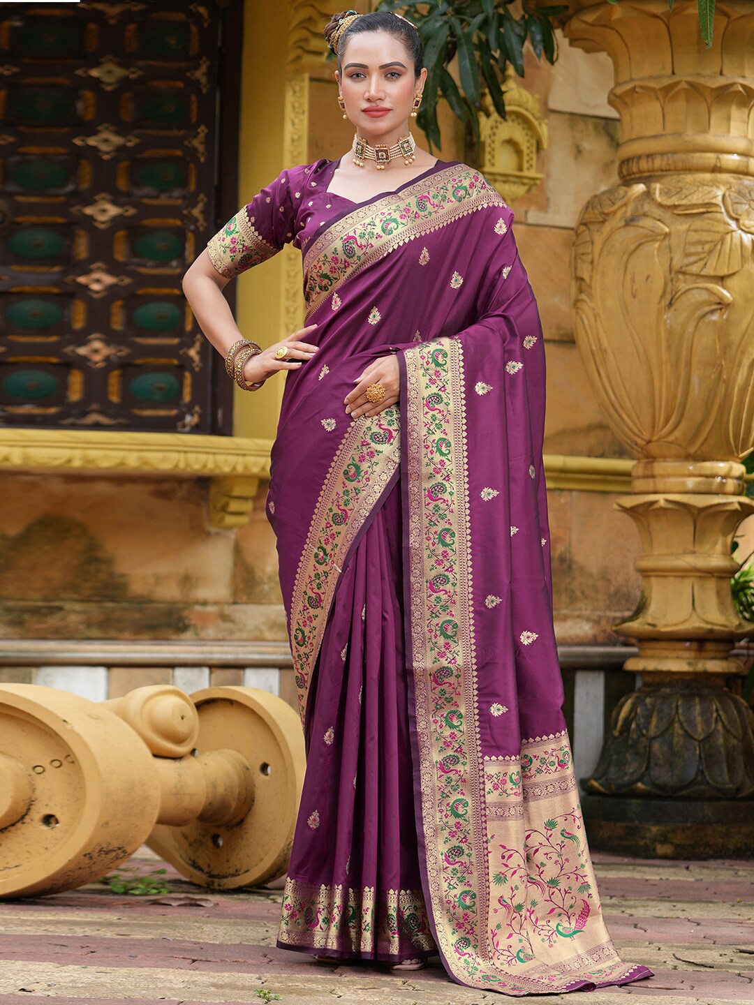 

Satrani Purple Paisley Woven Design Zari Detailed Paithani Saree