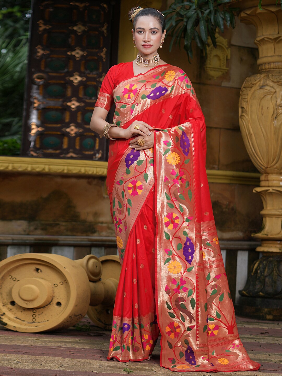 

Satrani Red Ethnic Motifs Woven Design Zari Detailed Paithani Saree