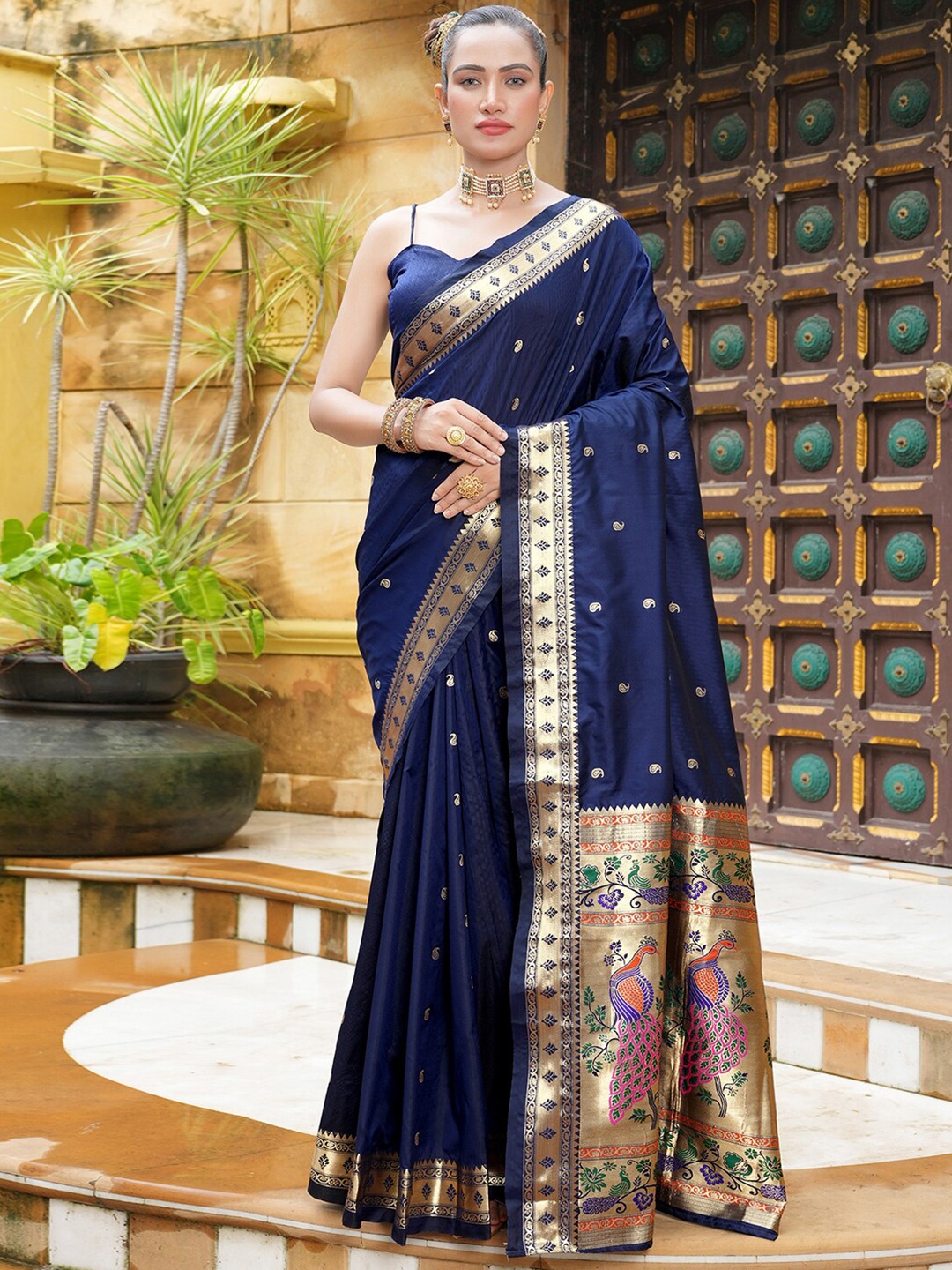 

Satrani Navy Blue Paisley Woven Design Zari Detailed Paithani Saree