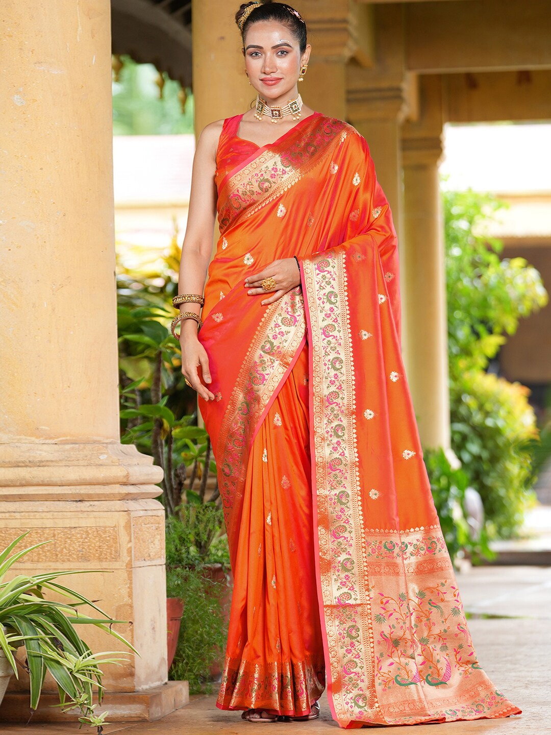 

Satrani Orange Ethnic Motifs Woven Design Zari Detailed Paithani Saree