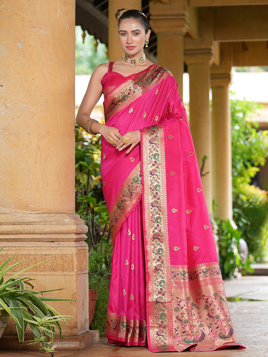 

Satrani Pink Ethnic Motifs Woven Design Zari Detailed Paithani Saree