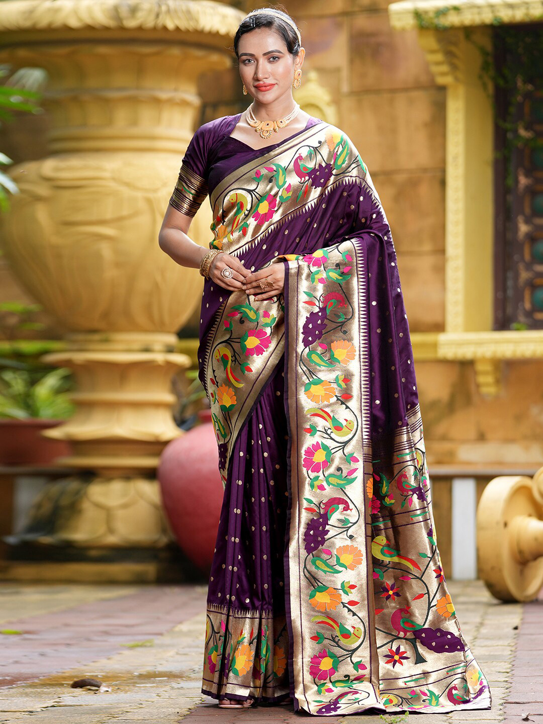 

Satrani Purple Ethnic Motifs Woven Design Zari Detailed Paithani Saree