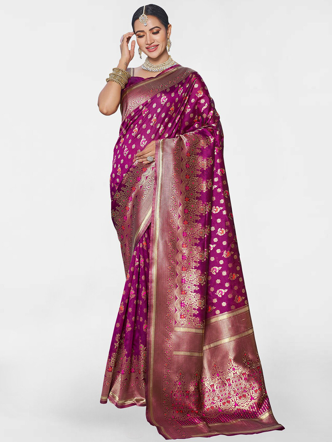 

Satrani Magenta Ethnic Motifs Woven Design Zari Detailed Saree