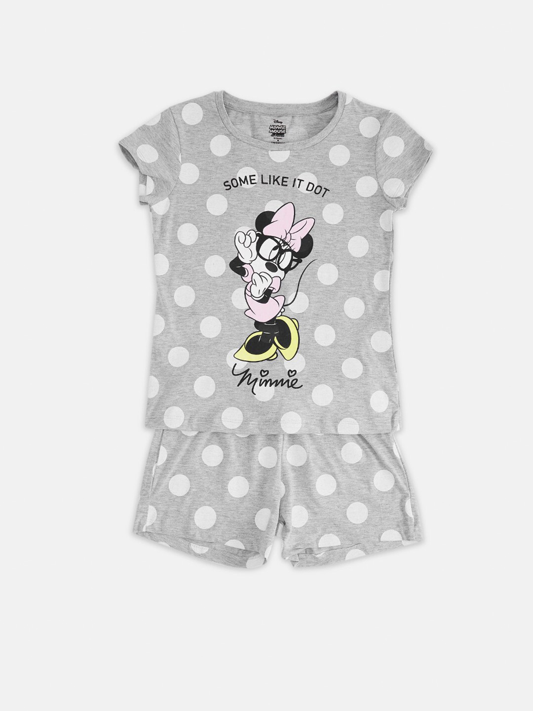 

Pantaloons Junior Girls Minnie Mouse Printed Pure Cotton T-shirt With Shorts, Grey melange