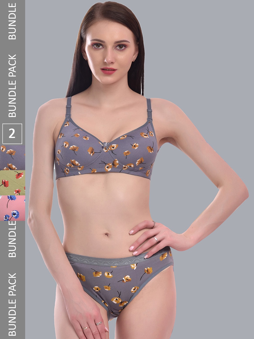

Extoes Pack Of 3 Printed Cotton Lightly Padded Lingerie Set, Pink