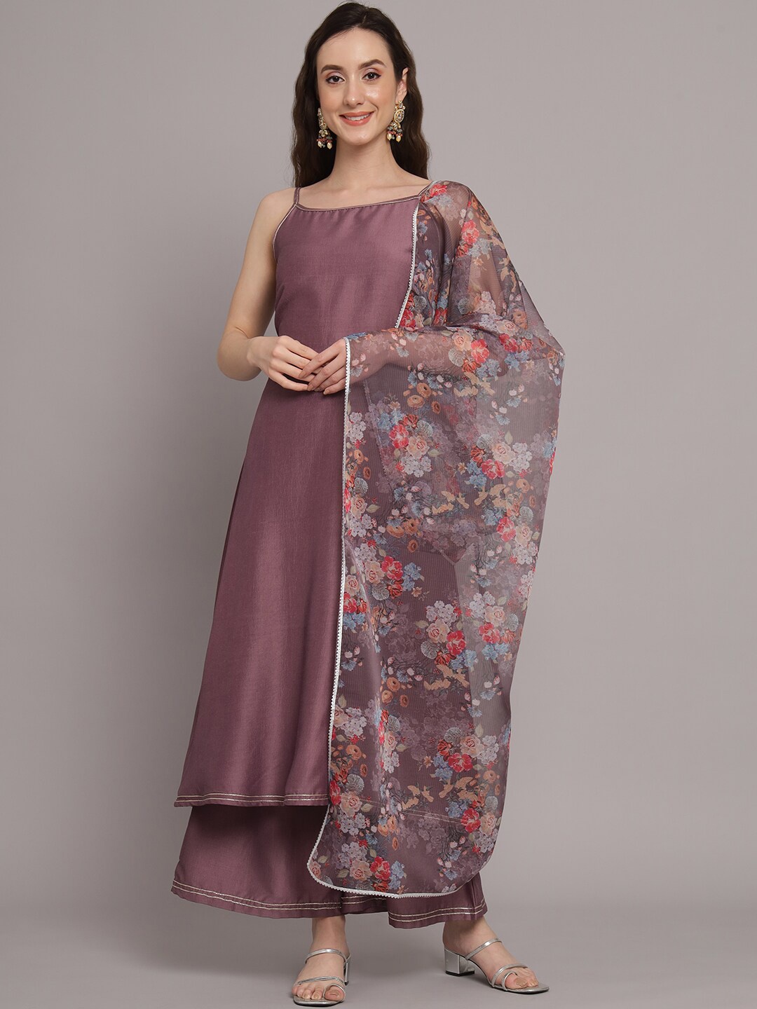 

Sangria Gotta Patti Anarkali Kurta With Palazzos & Dupatta, Mauve