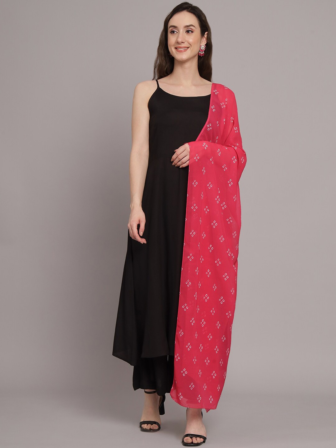 

Sangria Pure Cotton Anarkali Kurta With Palazzos & Dupatta, Black