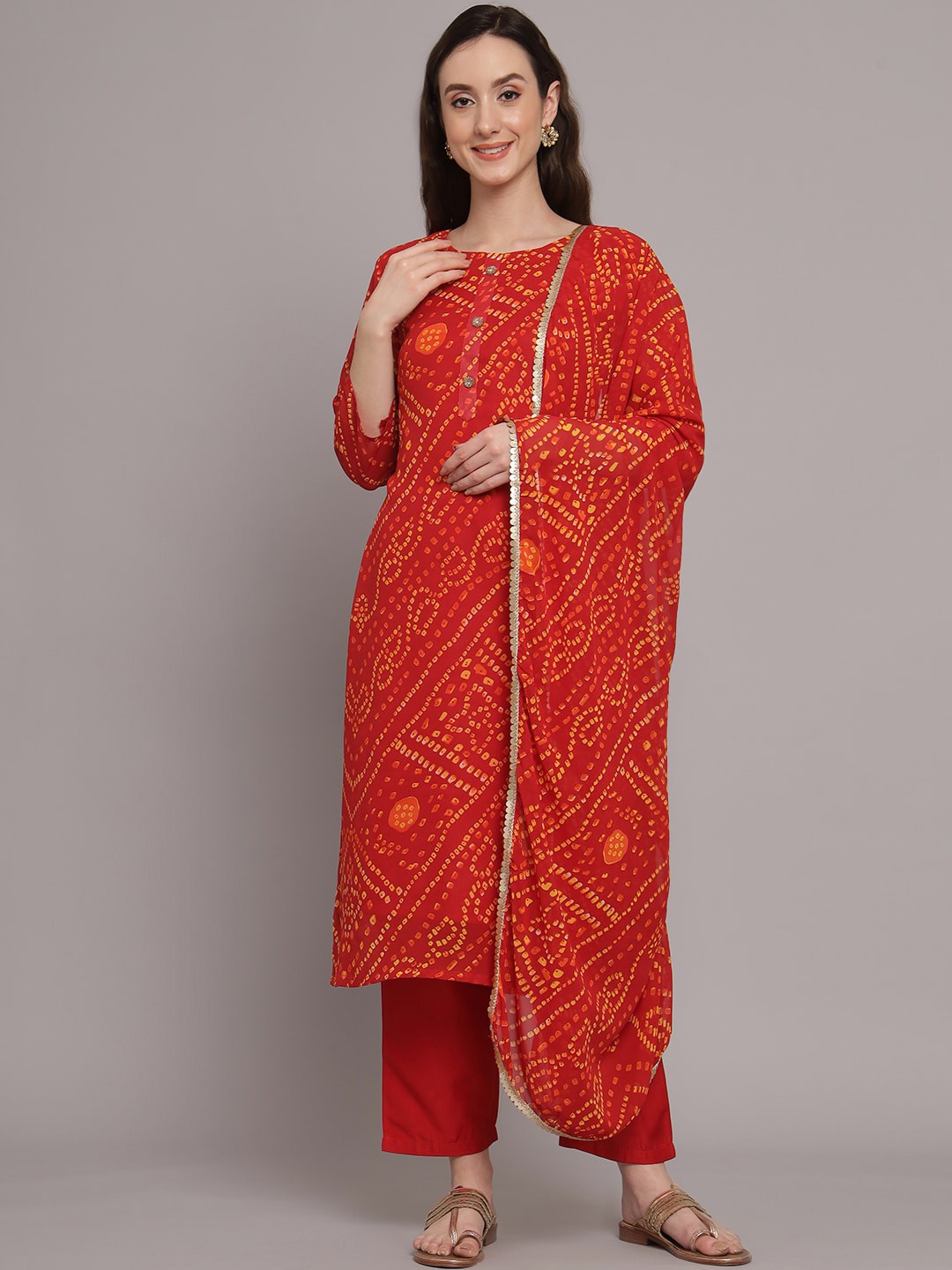 

Sangria Bandhani Printed Georgette Straight Kurta With Trousers & Dupatta, Red