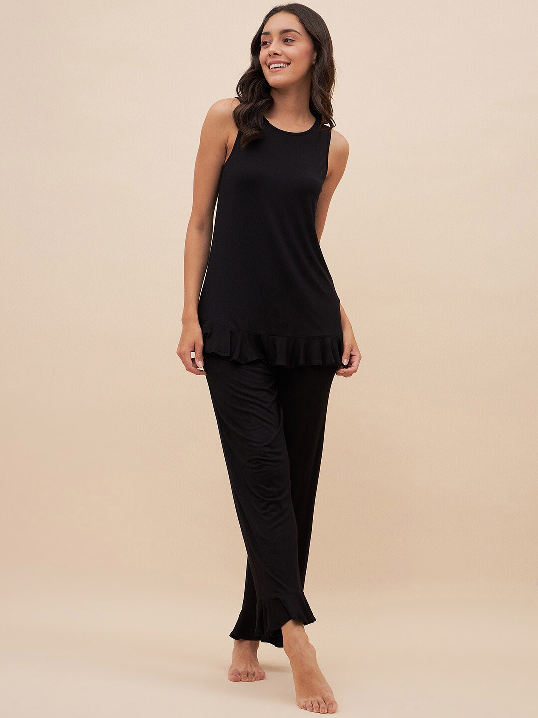 

Femella Sleeveless Frilled Night Suit, Black