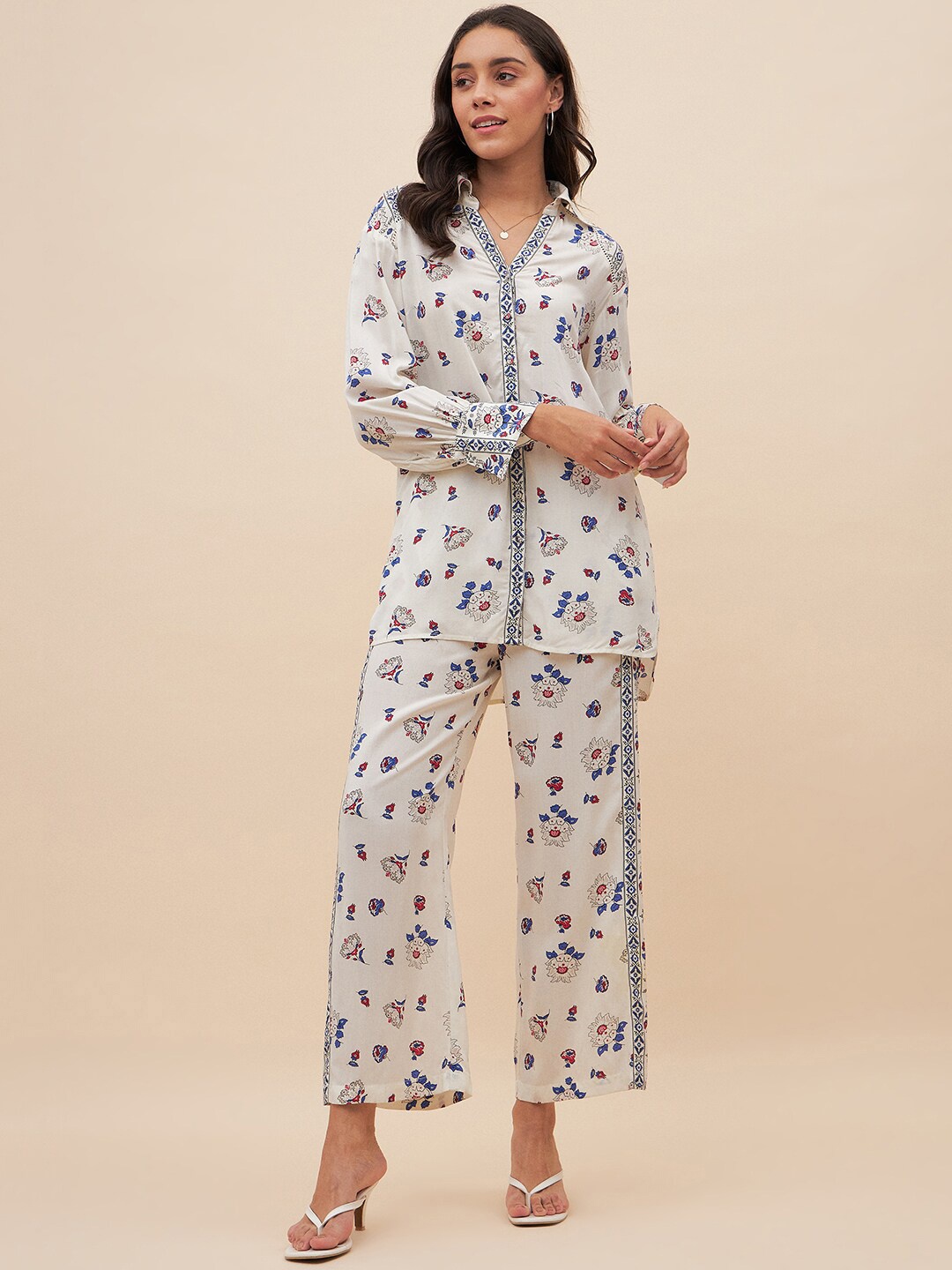 

Femella Floral Printed Shirt With Trousers, White