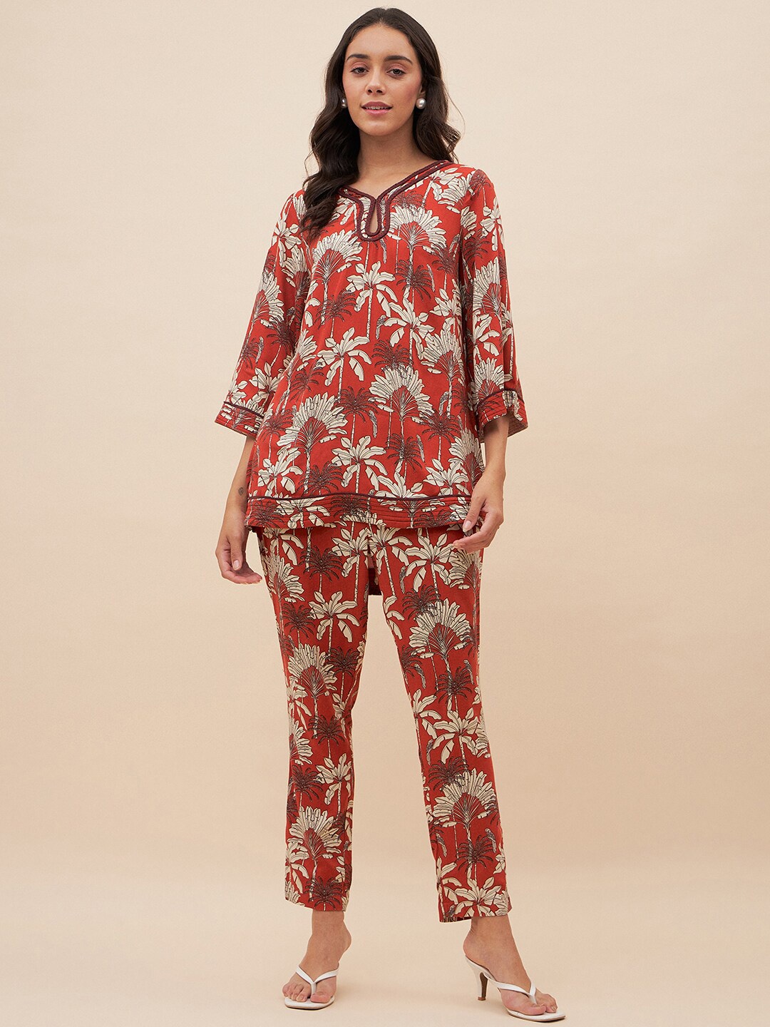 

Femella Palm Printed Braided Keyhole Neck Top & Trousers, Rust