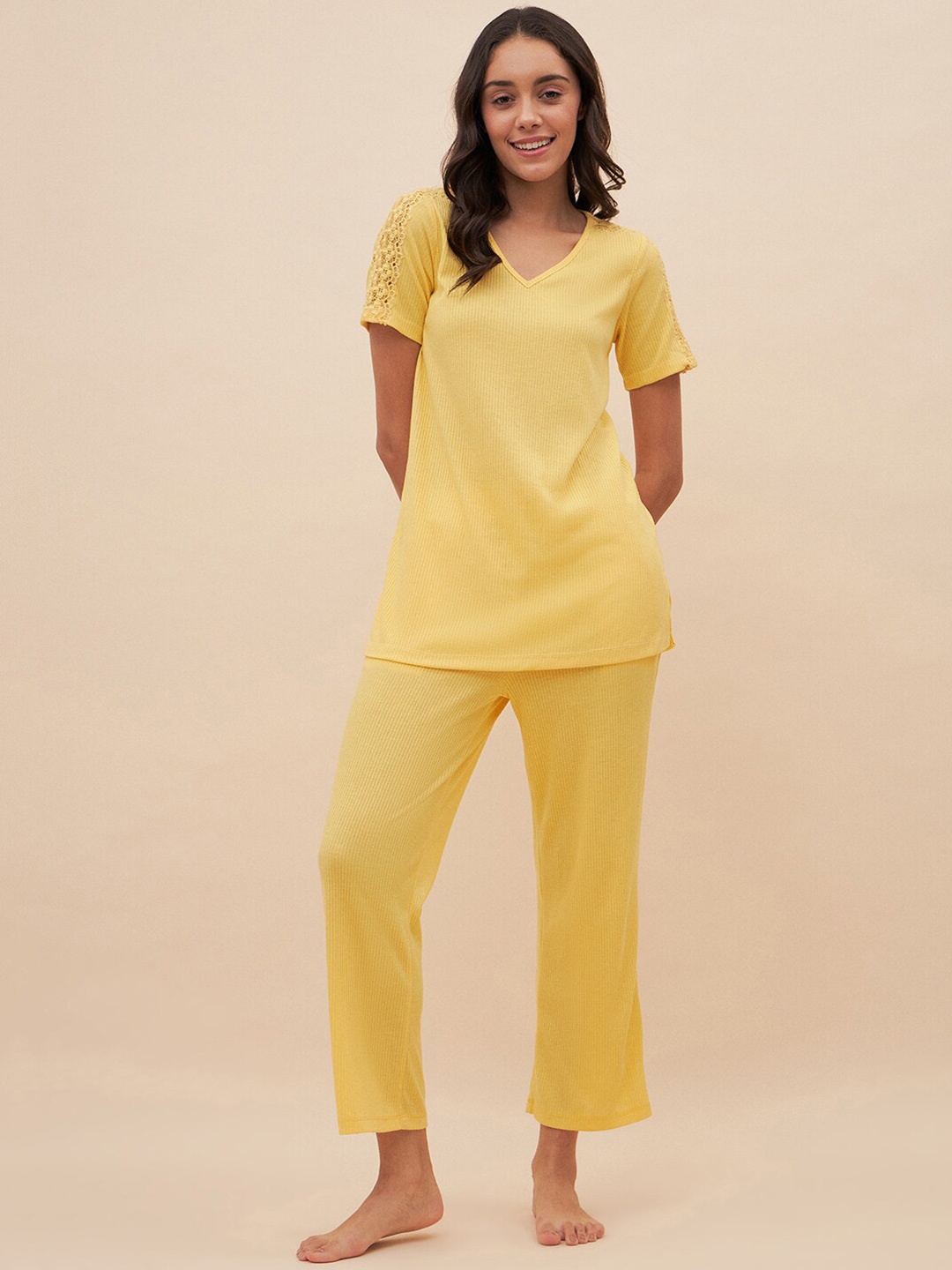 

Femella Ribbed Lace Detail Nigh Suit, Yellow