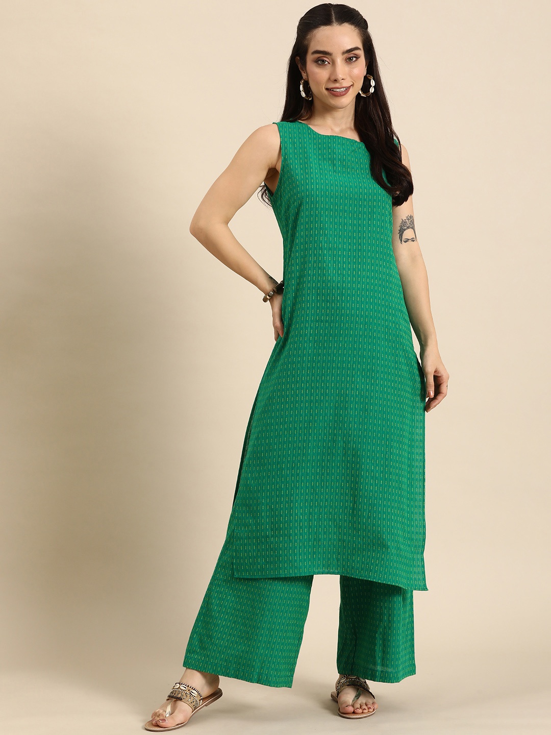 

Anouk Women Ethnic Motifs Regular Pure Cotton Kurta with Trousers, Green