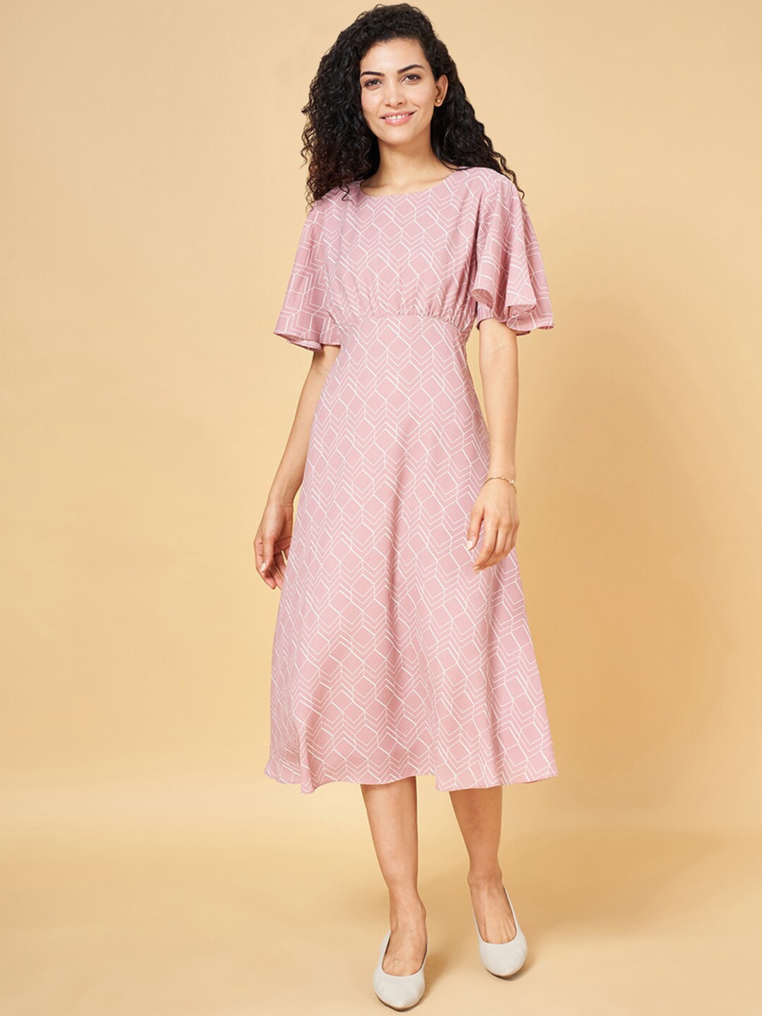 

Annabelle by Pantaloons Geometric Printed Flutter Sleeve A-Line Midi Dress, Pink