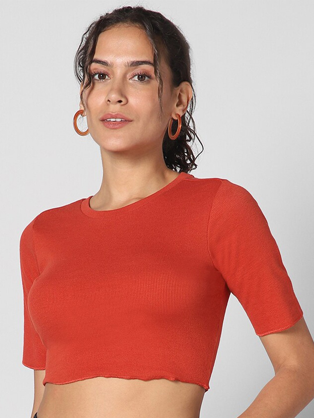 

Pantaloons Round Neck Fitted Crop Top, Brown