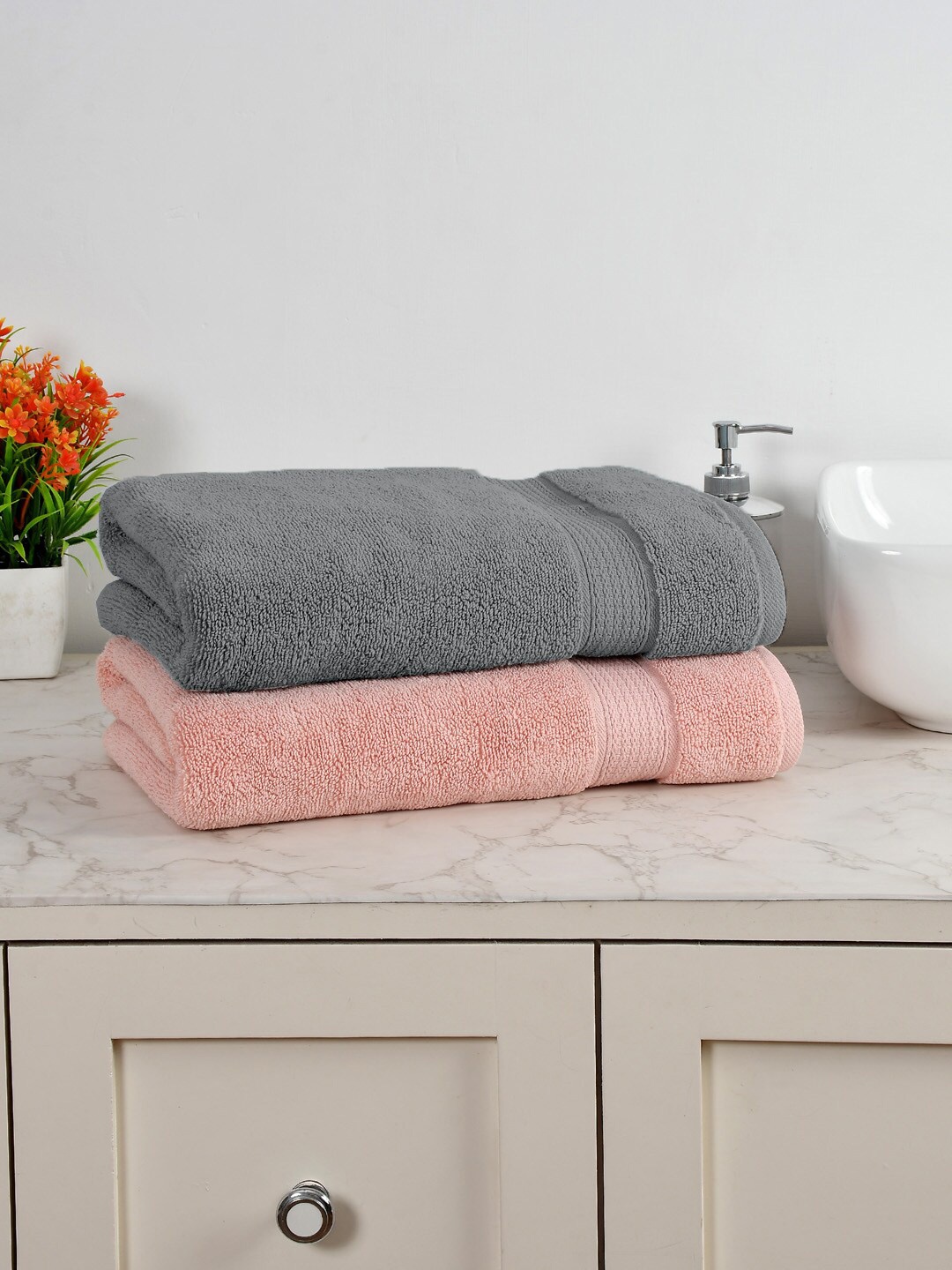 

AVI Living Peach & Green 2 Pieces Pure Cotton 550 GSM Large Bath Towels, Pink
