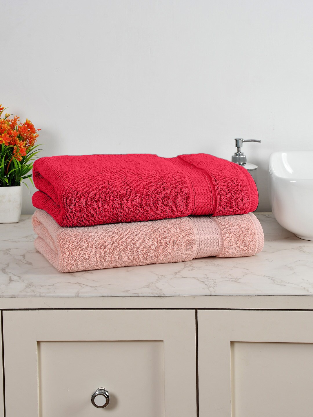 

AVI Living Red & Pink 2 Pieces 550 GSM Pure Cotton Large Bath Towel