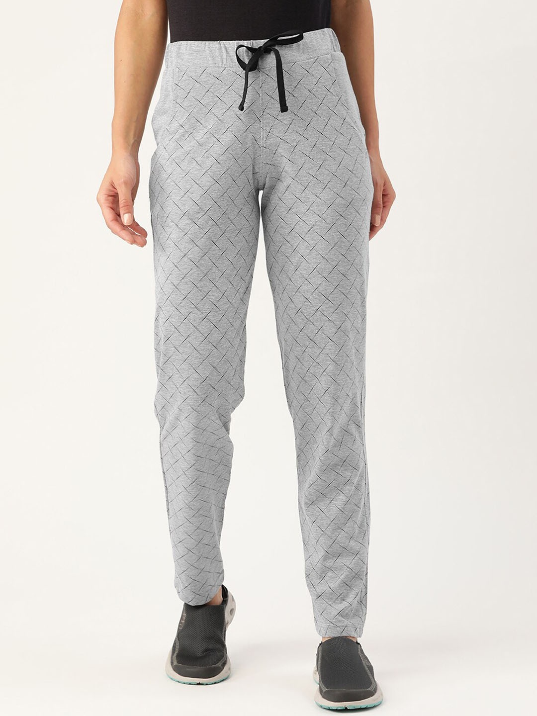 

FEMEA Geometric Printed Mid Rise Slim Fit Cotton Joggers, Grey