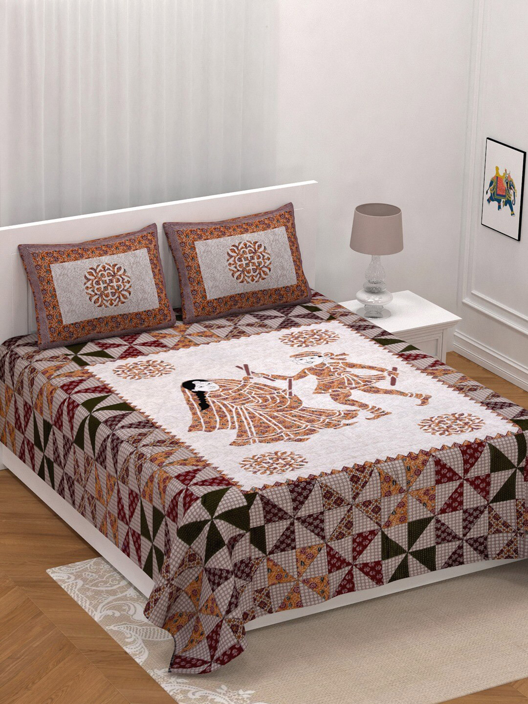 

UNIQCHOICE Peach-Coloured & White Printed Pire Cotton 210 TC King Bedsheet & Pillow Covers