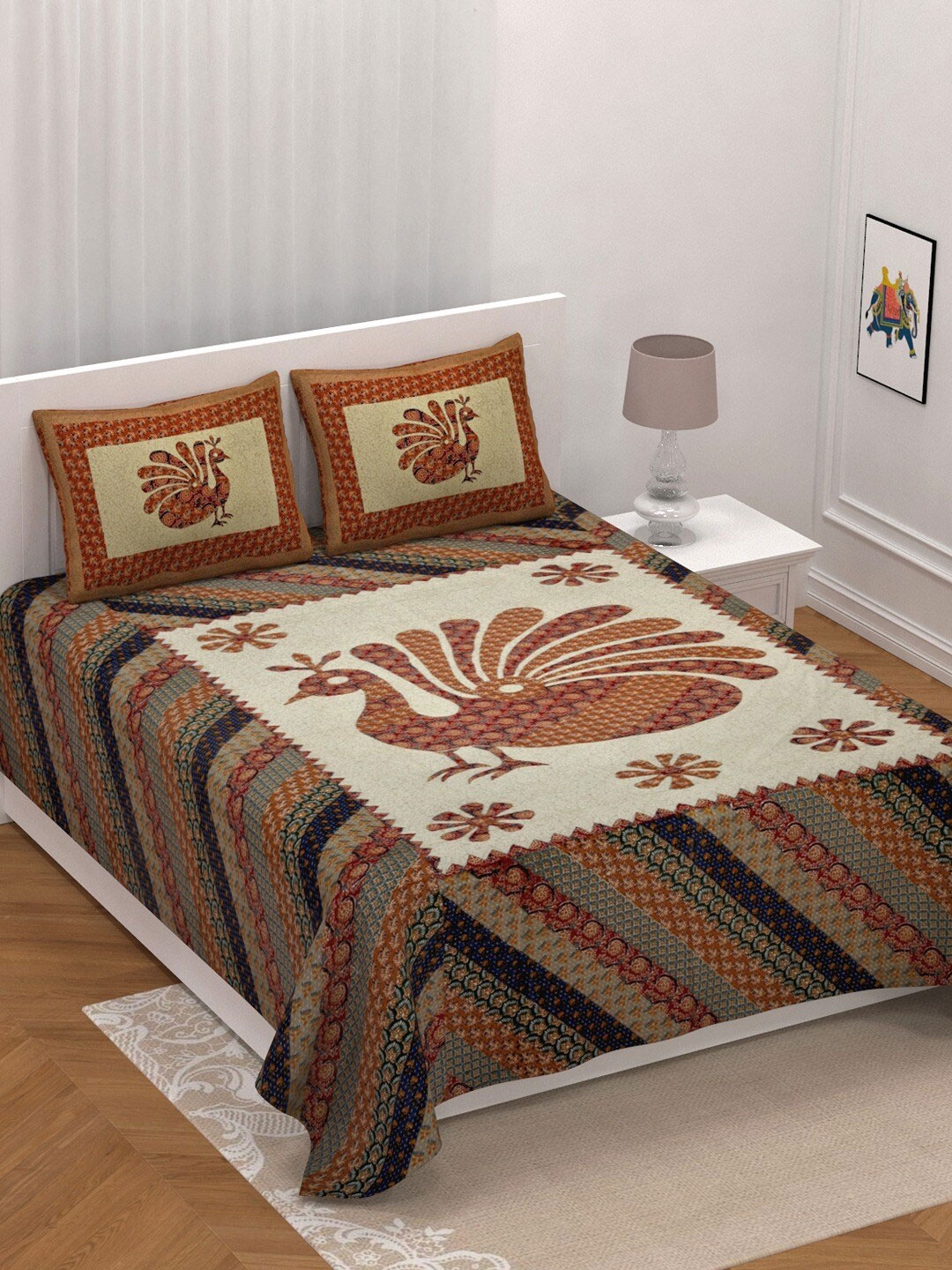 

UNIQCHOICE Grey & Brown Ethnic Motifs Pure Cotton 210 TC King Bedsheet & 2 Pillow Covers