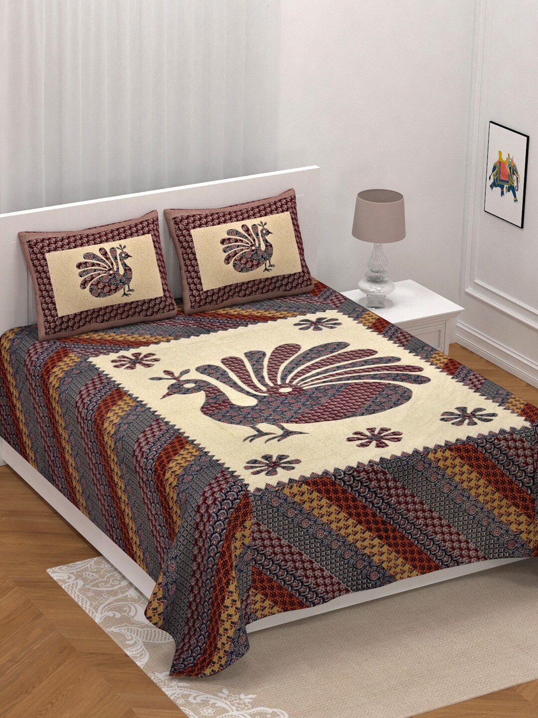 

UNIQCHOICE Cream-Coloured Ethnic Motifs Pure Cotton 210 TC King Bedsheet & 2 Pillow Covers