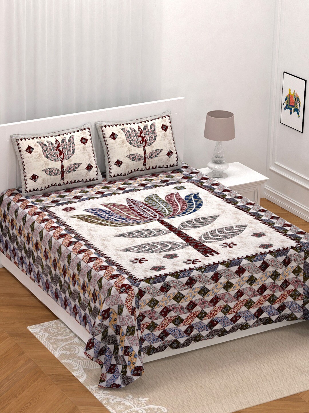 

UNIQCHOICE Cream-Coloured Floral Pure Cotton 210 TC King Bedsheet & 2 Pillow Covers
